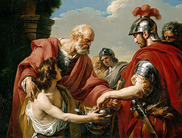 Bélisaire, by François-André Vincent (1776). Belisarius, blinded, a beggar, is recognised by one of his former soldiers. (Wikipedia).