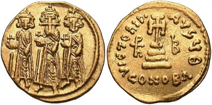 Heraclius, Constantine (r), Heraclonas (l) coin (from beastcoins.com)