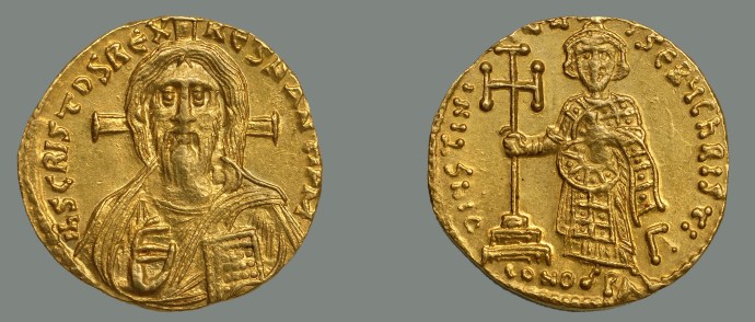 This is the controversial coin. Jesus on the left. A solidus of Justinian II from the Dumbarton Oaks collection.
