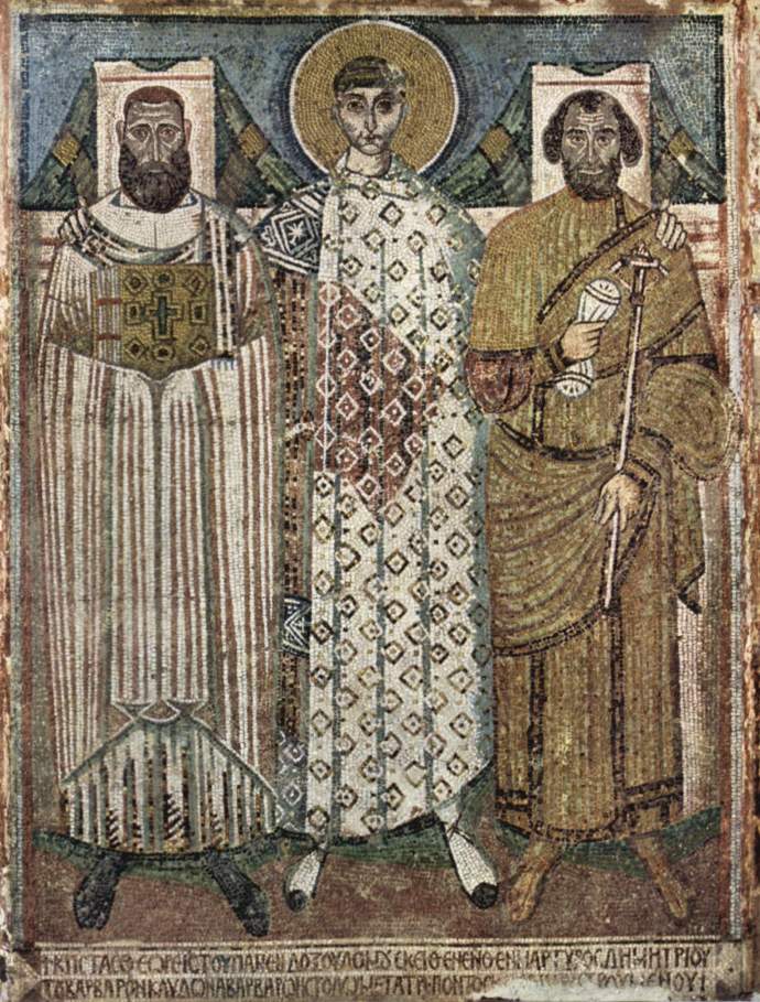Mosaic of St Demetrios with donors from the church of Hagios Demetrios in Thessalonia (Wikipedia)