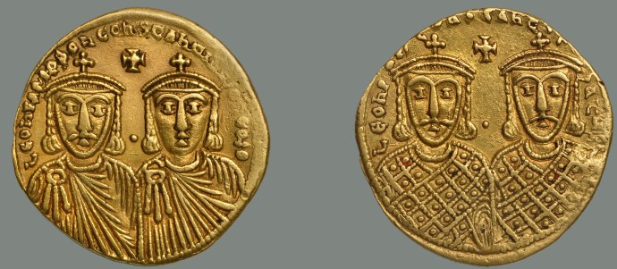 Solidus of Leo IV. That's Leo on the left with his son Constantine next to him (no beard). On the reverse are Leo III and Constantine V (from Dumbarton Oaks collection)