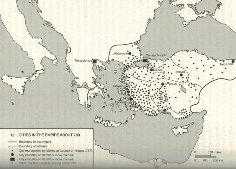 Cities in the Empire c780 from A History of the Byzantine State and Society by Warren Treadgold