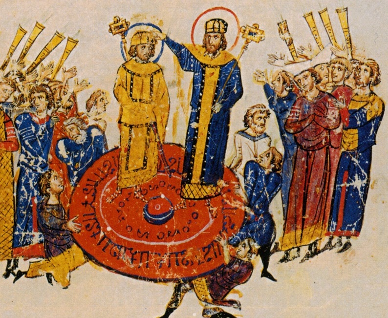 Michael and his son being proclaimed (as depicted in the Chronicle of John Skylitzes)