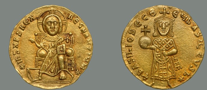 Basil I on right, enthroned Jesus on left (Dumbarton Oaks coin collection)