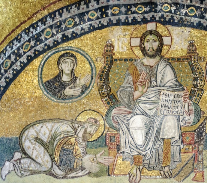 Leo (kneeling) venerating Christ from a mosaic in the Hagia Sophia