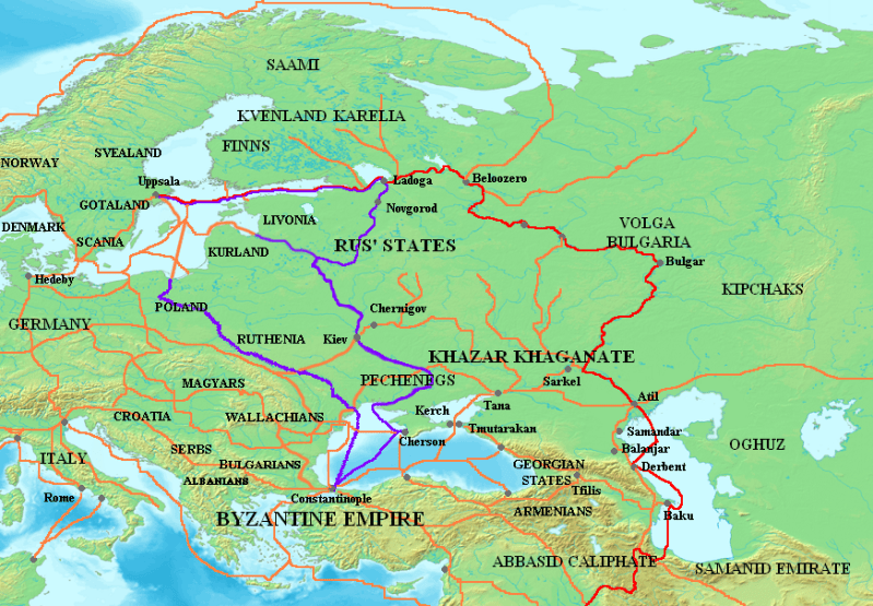 The Major Varangian trade routes. The Volga route is in red. The Dneiper (and one other) in purple. Existing trade routes in orange