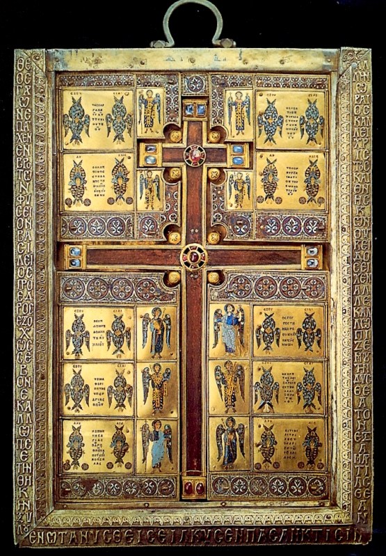 The Limburg reliquary was created to hold a piece of the true cross. Basil Lekapenus sponsored its creation