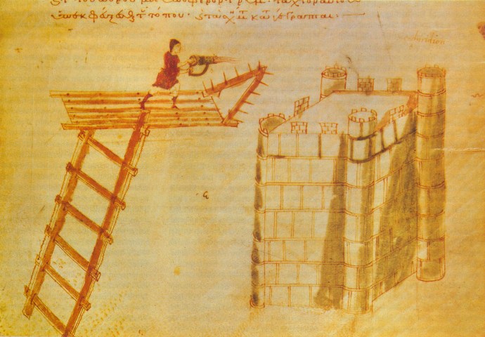 Use of a portable Byzantine flamethrower for Greek fire from atop a flying bridge against a castle. Illumination from the Poliorcetica of Hero of Byzantium.