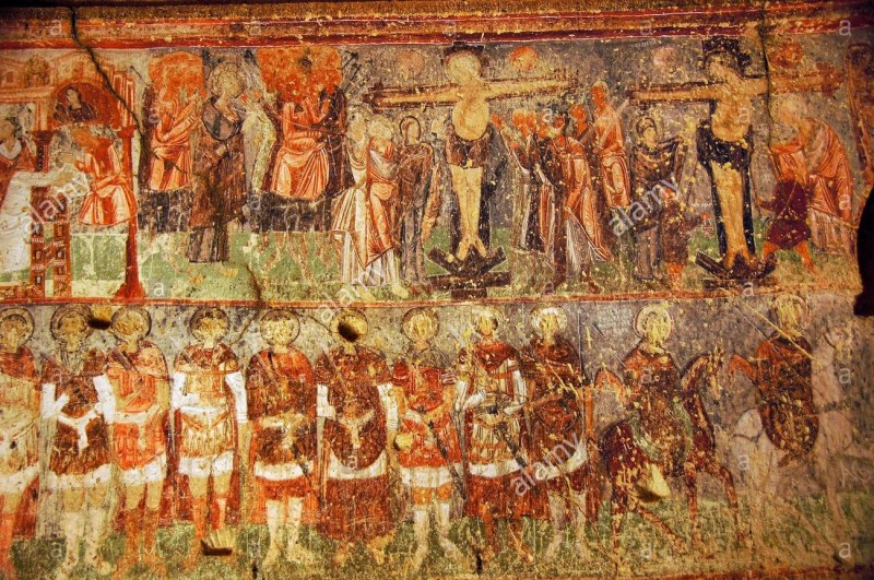 Top - the Crucifixion. Below - Roman soldiers in procession in support of the Phokades. John Tzimiskes on horse (Alamy Stock photos)