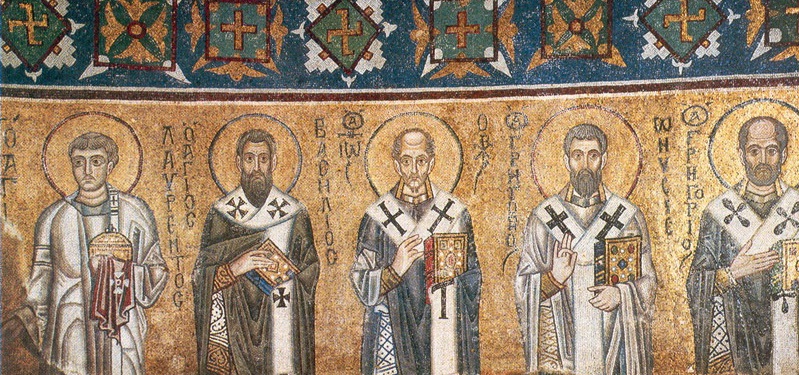 Inside are original Byzantine mosaics. Church fathers L-R St. Laurentlus, Basil the Great, John Chrysostom, Gregory of Nyssa, Gregory Wonderworker