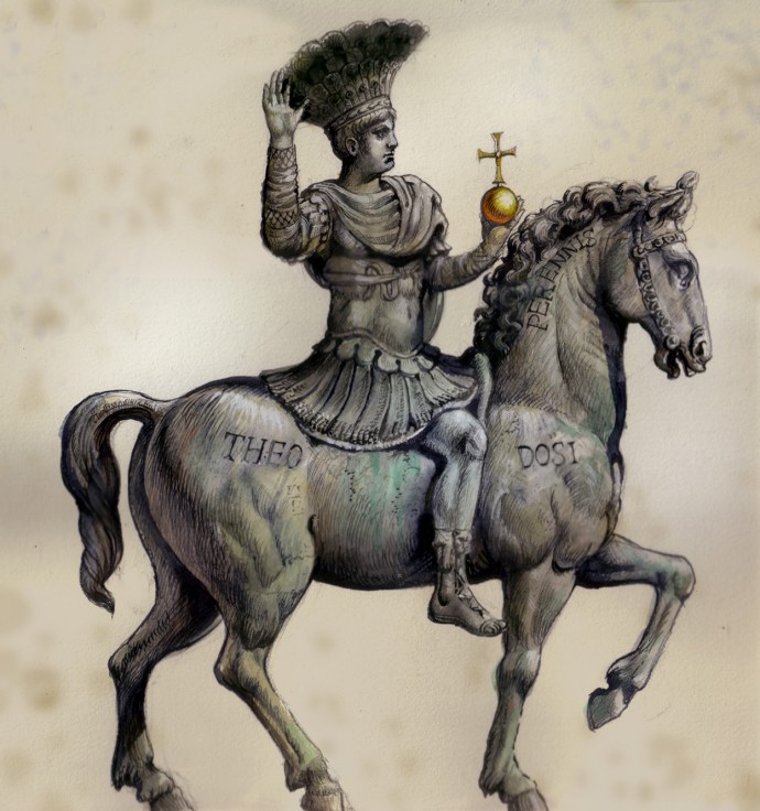 Equestrian statue of Justinian with Theodosius marking (Antoine-Helbert.com)