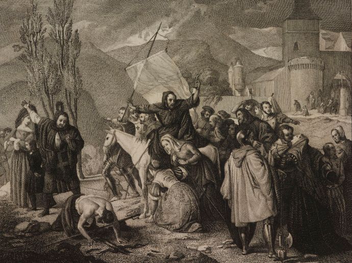 Peter Hermit on Crusade. Engraving from painting by Francesco Hayez (1791-1882)